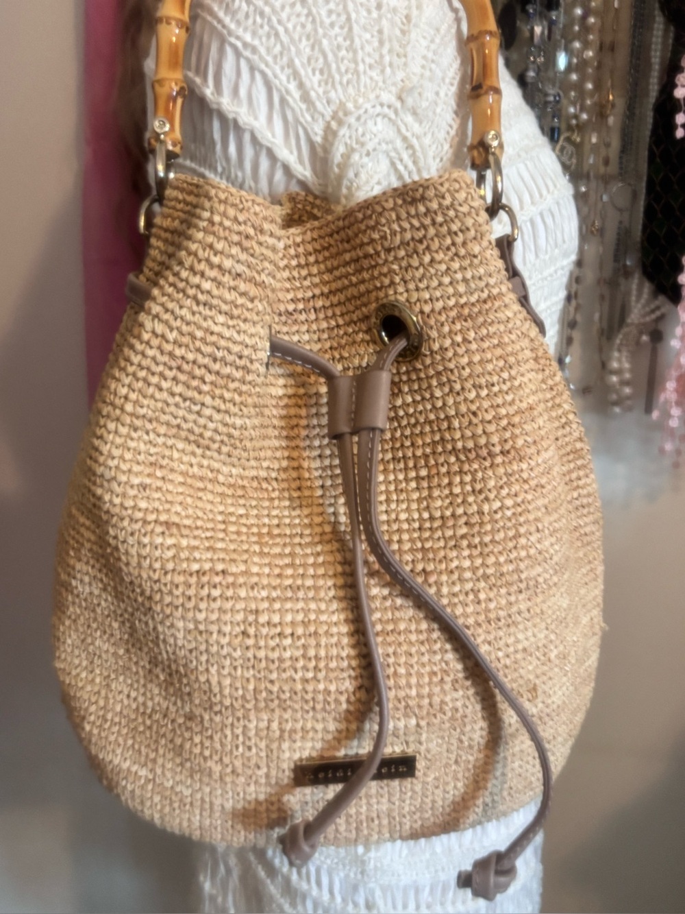 Heidi Klein Savannah Bay Mini Raffia Bucket Bag Bamboo Handle Luxury Tote